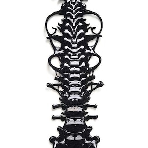 May include: A black and white decorative spine-shaped object. The design features a detailed representation of vertebrae and other spinal elements. The object is set against a plain white background, highlighting its intricate form.