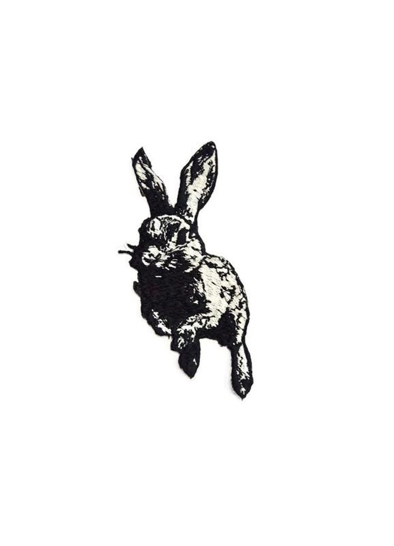 Leaping Rabbit Patch - Gothic Hare Embroidery Iron-On - Oddities & Curiosities Aesthetic - Dark Academia Nature Art image 2