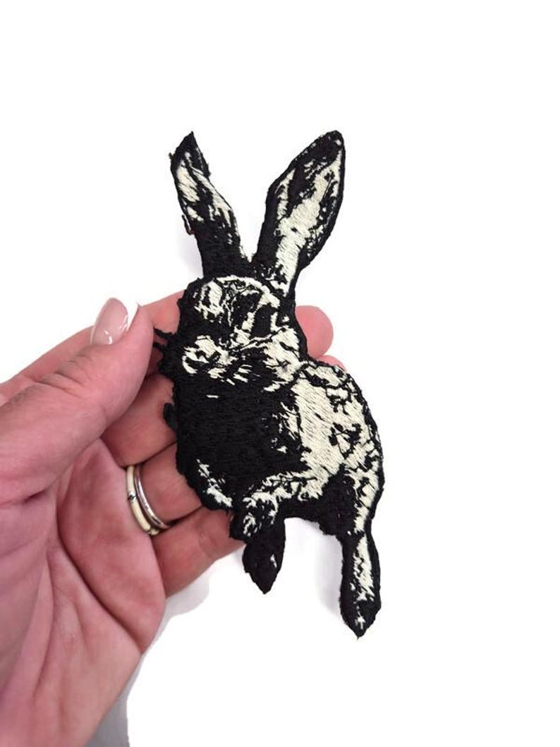 Leaping Rabbit Patch - Gothic Hare Embroidery Iron-On - Oddities & Curiosities Aesthetic - Dark Academia Nature Art image 5