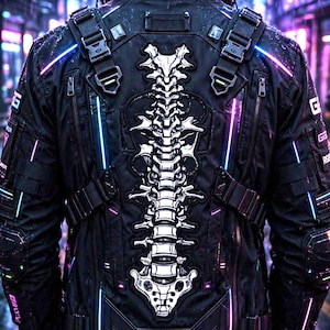 May include: A black tactical jacket featuring a prominent white graphic of a human spine on the back. The garment includes integrated straps, buckles, and thin neon blue and purple light strips along the sleeves and torso, creating a high-tech look.