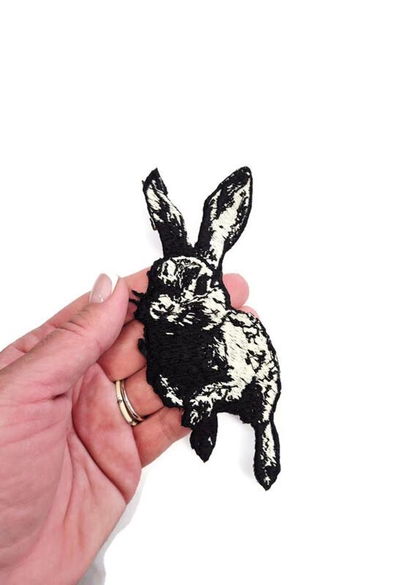 Leaping Rabbit Patch - Gothic Hare Embroidery Iron-On - Oddities & Curiosities Aesthetic - Dark Academia Nature Art image 3