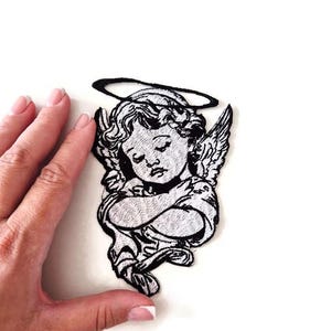 Sleeping Angel Patch - Renaissance Cherub Embroidered Iron-On - Gothic Angel with Halo - Soft Grunge Aesthetic - Baby Angel Back Patch