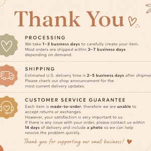 May include: A beige informational graphic with the text Thank You at the top. It features three sections labeled Processing, Shipping, and Customer Service Guarantee, each marked with a circular icon in sage green, terracotta, and mustard yellow.