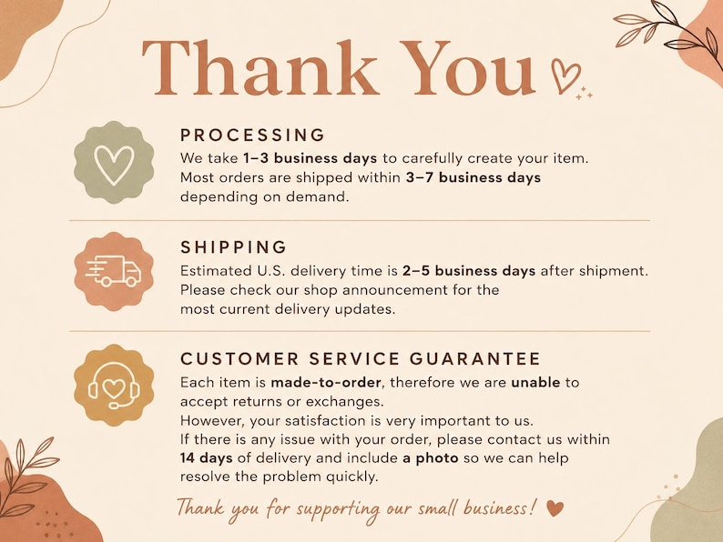 May include: A beige informational graphic with the text Thank You at the top. It features three sections labeled Processing, Shipping, and Customer Service Guarantee, each marked with a circular icon in sage green, terracotta, and mustard yellow.