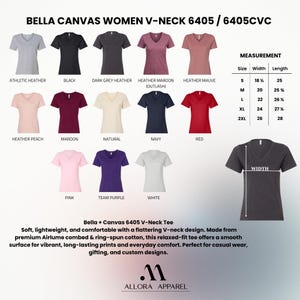 May include: A Bella Canvas 6405 V-neck t-shirt color chart displaying 13 color options including athletic heather, black, dark grey heather, maroon, mauve, peach, natural, navy, red, pink, purple, and white, with a size measurement chart in inches.