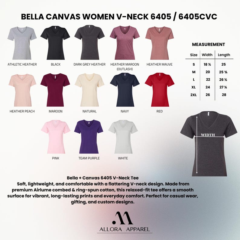May include: A Bella Canvas 6405 V-neck t-shirt color chart displaying 13 color options including athletic heather, black, dark grey heather, maroon, mauve, peach, natural, navy, red, pink, purple, and white, with a size measurement chart in inches.