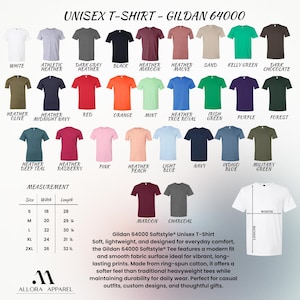 May include: A color chart for Gildan 64000 unisex t-shirts displaying thirty-two solid color options including white, heather, red, blue, green, and black. A measurement table lists sizes S through 2XL with width and length in inches.