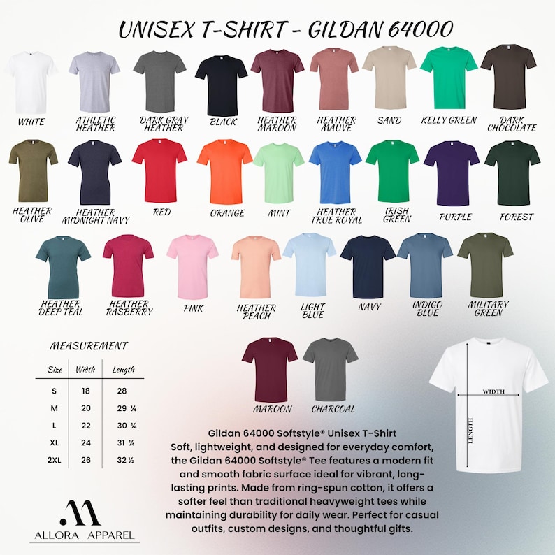 May include: A color chart for Gildan 64000 unisex t-shirts displaying thirty-two solid color options including white, heather, red, blue, green, and black. A measurement table lists sizes S through 2XL with width and length in inches.