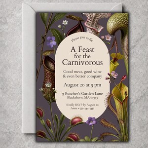 May include: A rectangular invitation card with a dark purple background featuring botanical illustrations of various carnivorous plants. A central cream-colored oval contains the text: Please join us for A Feast for the Carnivorous, Good meat, good wine & even better company, August 20 at 5 pm, 9 Butcher's Garden Lane, Blackthorn, MA 01913, Kindly RSVP by August 10, Anna 555-444-3333.