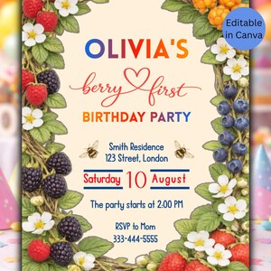Invitación de primer cumpleaños con temática de arcoíris y bayas, invitación para fiesta infantil, descarga digital instantánea editable en Canva.