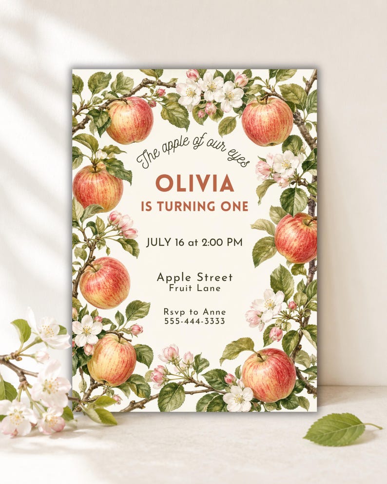Apple Birthday Invitation, Fruit Party Invite, Editable Canva Template ...