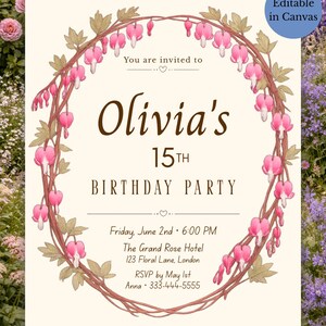 Convite de aniversário com tema de corações sangrando, modelo editável para download instantâneo no Canva.