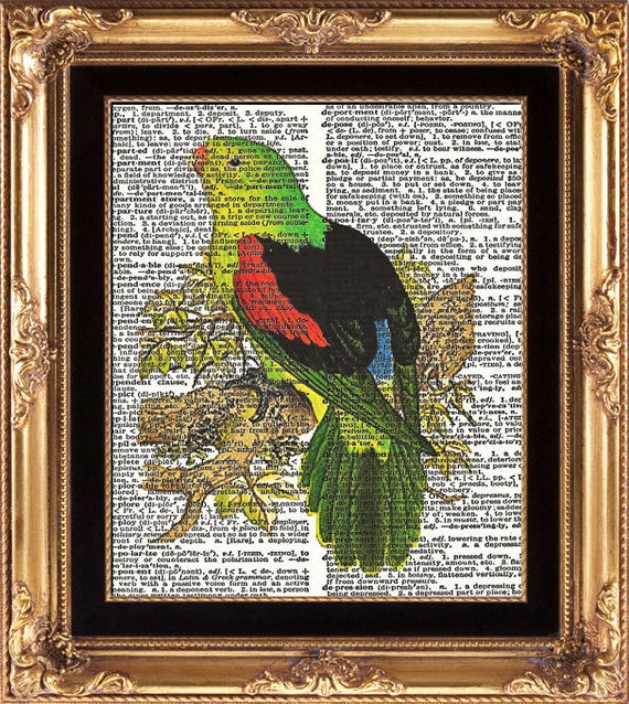 Green Bird Tree Dictionary Page Wall Art Antique Book page Art Print
