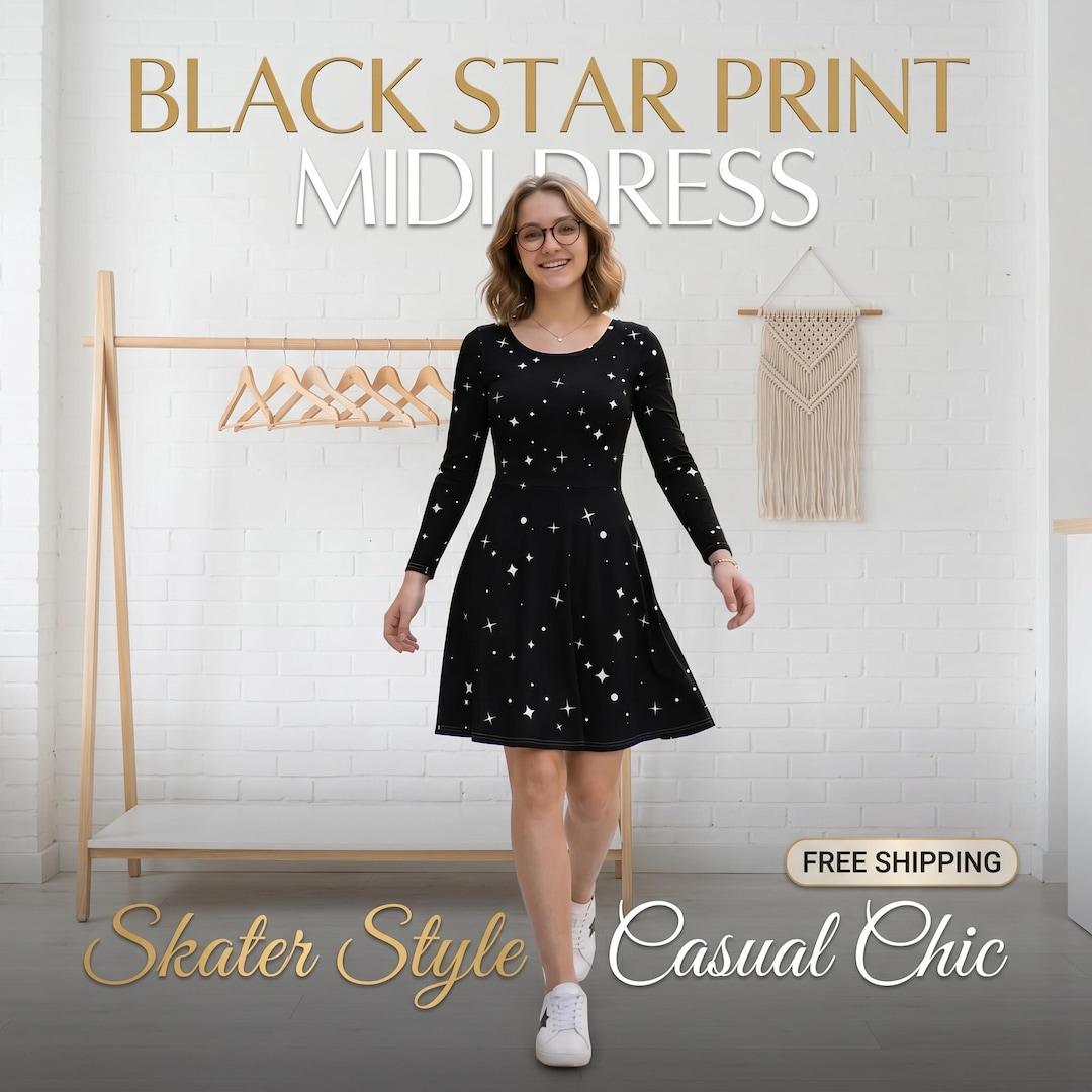 star print midi dress Black Star Print Long Sleeve Midi Dress