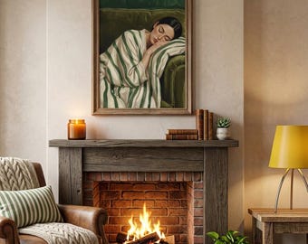 Sleeping Woman Canvas Print | Cozy Green Striped Robe Portrait Wall Art