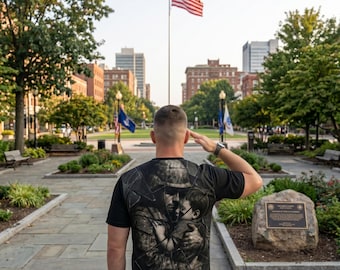 Soldier Embrace T-Shirt | Military Dad Son Reunion Homecoming Tee, Patriotic All Over Print