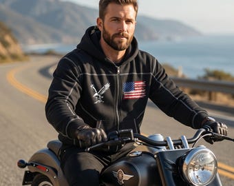 Sudadera con capucha y cremallera de felpa holgada con costuras en contraste para hombre / Chaqueta estilo streetwear con estampado de águila y bandera estadounidense