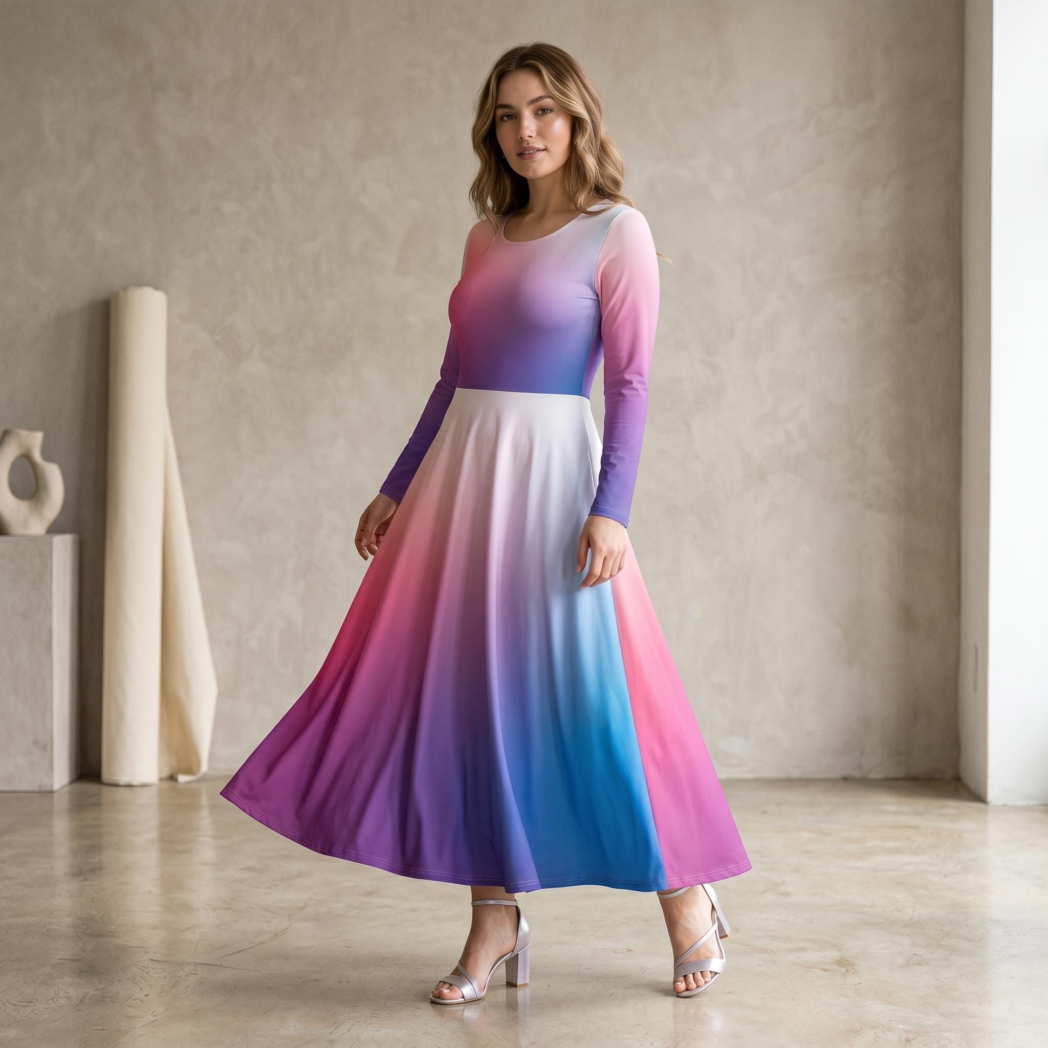 Pink Blue Purple Ombre Maxi Dress, Long Sleeve Flowy Dress, Gradient A Line Dance Gown