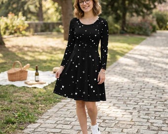 Vestido midi de manga larga con estampado de estrellas negras / Conjunto casual chic estilo skater