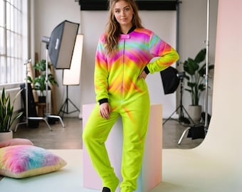 Women's Footed Onesie Pajamas, Neon Gradient Zip-Up Winter Jumpsuit