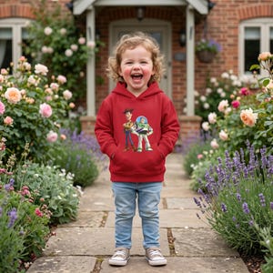 Peut inclure: Un sweat &agrave; capuche rouge avec Woody et Buzz l'&Eacute;clair de Toy Story. Le sweat-shirt a une poche avant et est port&eacute; avec un jean bleu clair et des baskets grises. L'enfant sourit devant une maison en briques et un jardin.