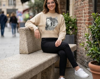 Suéter corto con lavado mineral, sudadera con mangas abullonadas de chica lobo, top con estampado animal steampunk.