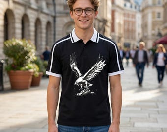 Polo unisex con estampado de águila – Ribete en contraste, estilo grunge streetwear.