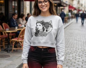 Sudadera corta con estampado de chica lobo steampunk para mujer / Sudadera de manga larga gris jaspeado