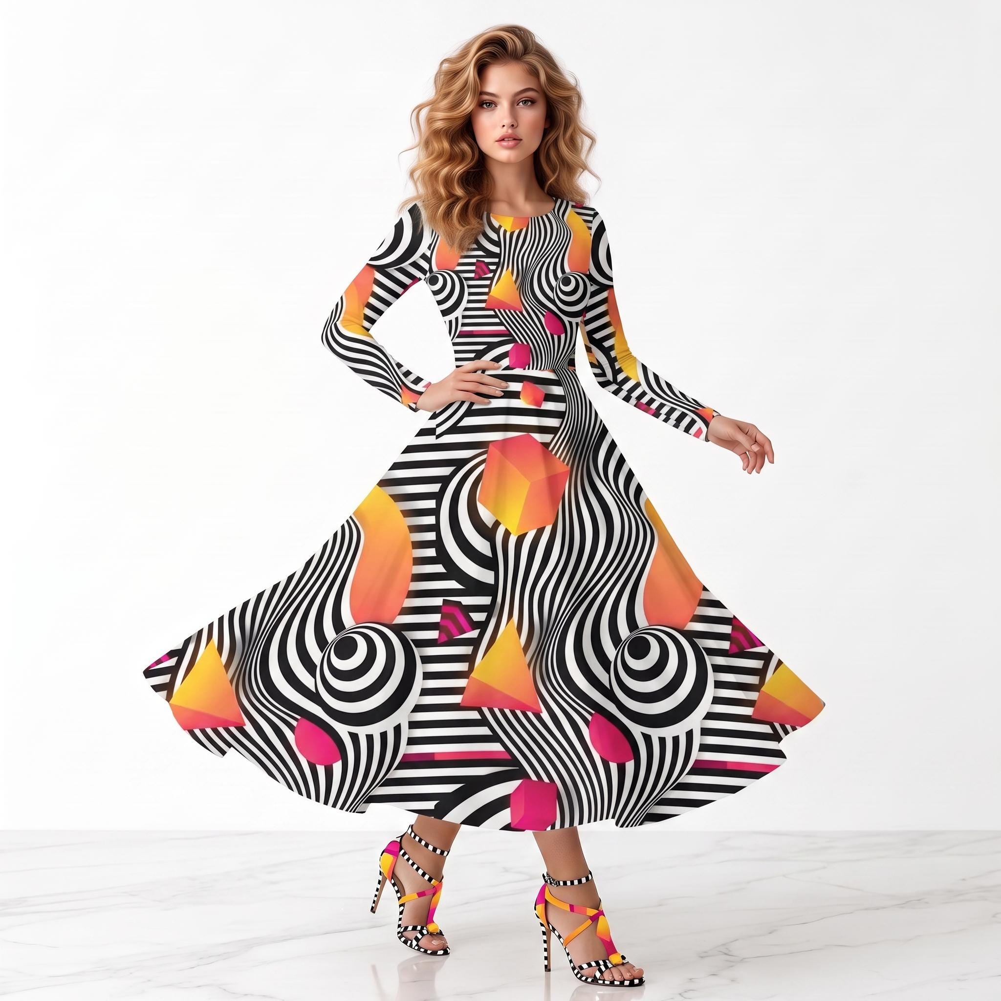 ワンピース PAINTED TEXTURE ART LAYERED DRESS Op Art Geometric Swirl Midi Dress, Long Sleeve A-line Abstract