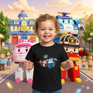 Puede incluir: Un niño sonriente con una camiseta negra con un gráfico colorido de vehículos de rescate animados. El fondo incluye personajes de dibujos animados y un edificio con un letrero de estación de rescate.