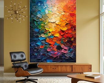 Vibrant Abstract Canvas Painting | Textured Palette Knife Art, Vintage Home Decor