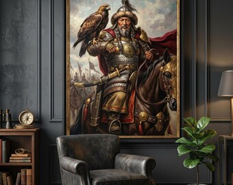 Genghis Khan Portrait Painting | Warrior Horse Eagle Canvas Wall Art (Framed Print)