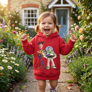 Peut inclure: Un sweat &agrave; capuche rouge avec Woody et Buzz l'&Eacute;clair de Toy Story. L'enfant porte le sweat &agrave; capuche et sourit dans un jardin fleuri, avec une maison en arri&egrave;re-plan. Le sweat est de couleur rouge vif.