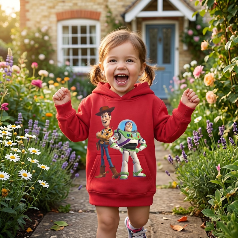 Peut inclure: Un sweat &agrave; capuche rouge avec Woody et Buzz l'&Eacute;clair de Toy Story. L'enfant porte le sweat &agrave; capuche et sourit dans un jardin fleuri, avec une maison en arri&egrave;re-plan. Le sweat est de couleur rouge vif.