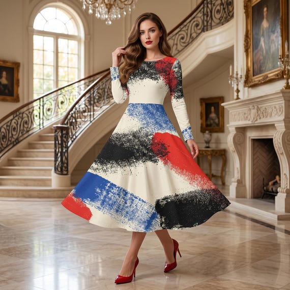 a line skater dress with sleeves Abstract Brushstroke Long Sleeve Midi | Artistic A-line Style Size:US30+ Crafted from 95% polyester sky_blue NWT Tommy Hilfiger Women's