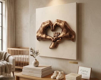 Lienzo con forma de corazón y manos de bronce / Decoración de pared con temática de amor entre padres e hijos (listo para colgar)