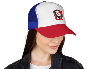 KJU Parody Trucker Hat | Retro Red Kim Jong Un Mesh Back Cap | Funny Political Meme Trucker Cap | Vintage Style Foam Snapback Hat