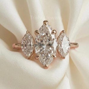 Classic Handmade Engagement Ring for Women Three Stone Marquise Cut Moissanite Engagement Ring Trio Set Wedding Promise Ring for Her