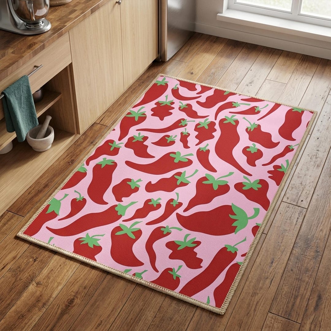 Chili Pepper Pattern Kitchen Rugs: Cute Pink Carpet Cuisine Floor Decor ...