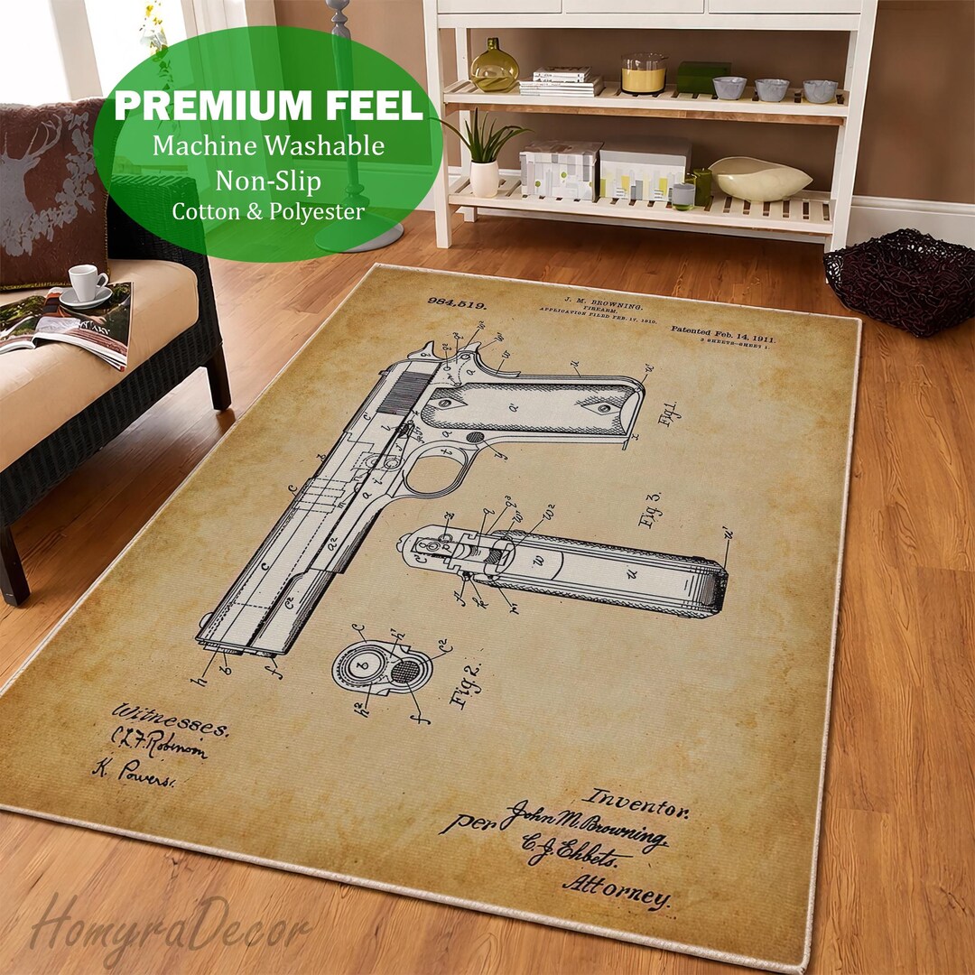 Arp Gun Rug Pistol Patent Rug, Revolver Blueprint Carpet, Gun Patent Mat, Masculine ...