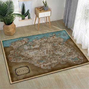 May include: Rectangular area rug featuring a map of Skyrim, with a brown and blue color scheme. The rug has a detailed map design with various locations marked. The rug is bordered with a beige rope-like trim and includes the text "Skyrim".