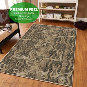 Tappeto astratto effetto pelle di serpente, tappetino retrò verde-beige effetto legno, tappeto boho usurato per soggiorno.