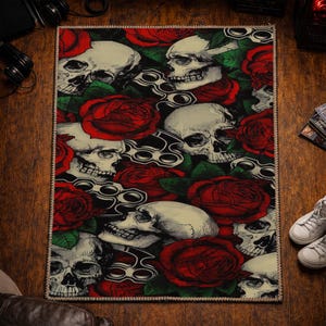 Skull Rose Rug, Biker Gothic Carpet, Brass Knuckles Skull Mat, Dark Rockabilly Floral Rug, Red Rose Skull Carpet