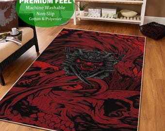 Samurai Rug, Japanese Warrior Carpet, Oni Mask Mat, Red Black Katana Rug, Dark Anime Carpet, Gaming Room Rug