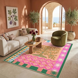 May include: A rectangular area rug featuring a central tree motif in muted green and brown, surrounded by a vibrant pink geometric diamond pattern, a border of stylized suns, and a green outer edge with blue and yellow leaf-like accents.