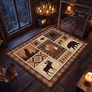 May include: A rectangular area rug featuring a patchwork design with brown, tan, and cream tones. The pattern includes silhouettes of a moose, bear, raccoon, and fox, interspersed with images of autumn leaves, pinecones, acorns, and geometric borders.