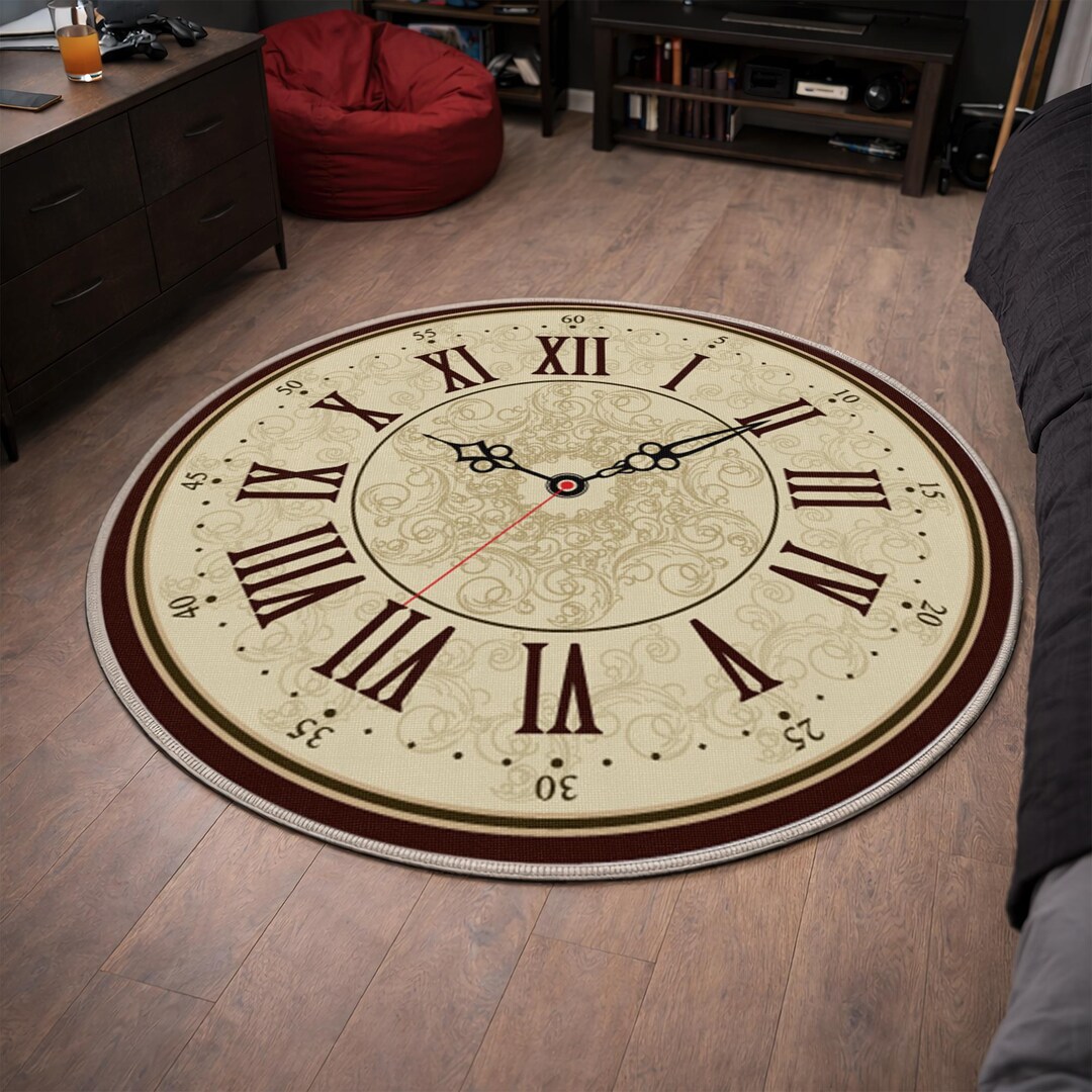 Vintage Clock Round Rug, Roman Numeral Carpet, Classic Living Room ...