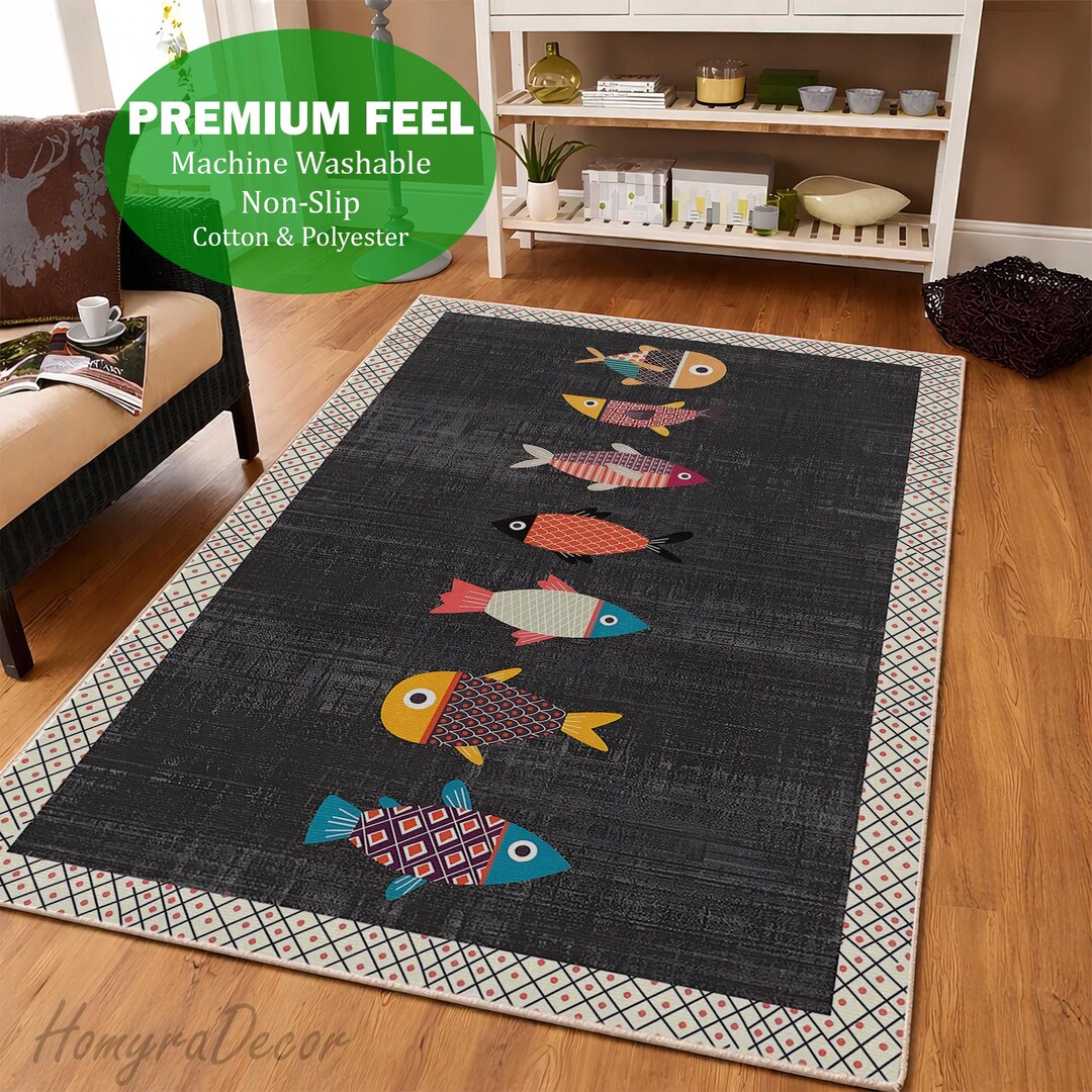 Custom Fish Can Rug Carnival Fish Pattern Rug, Aqua Themed Kitchen Carpet, Nonslip Animal ...