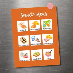 以下が含まれることがあります： オレンジ色のポスターで、筆記体で「Snack ideas」と書かれています。ポスターには、リンゴとピーナッツバター、チーズとクラッカー、ランチドレッシングを添えた野菜など、さまざまなスナックの組み合わせのイラストが描かれています。
