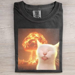 May include: Dark gray Comfort Colors t-shirt featuring a graphic of a white cat with its tongue sticking out, set against a backdrop of a nuclear explosion. The shirt has a crew neck and a tag that reads "Comfort Colors".